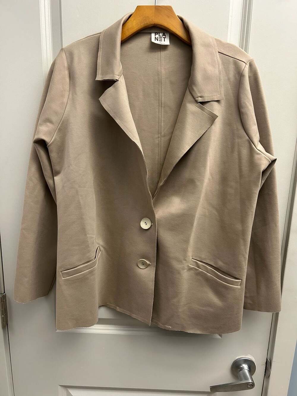 Planet by Lauren G Blazer Jacket Size 2 Taupe Notch Lapel Open Front